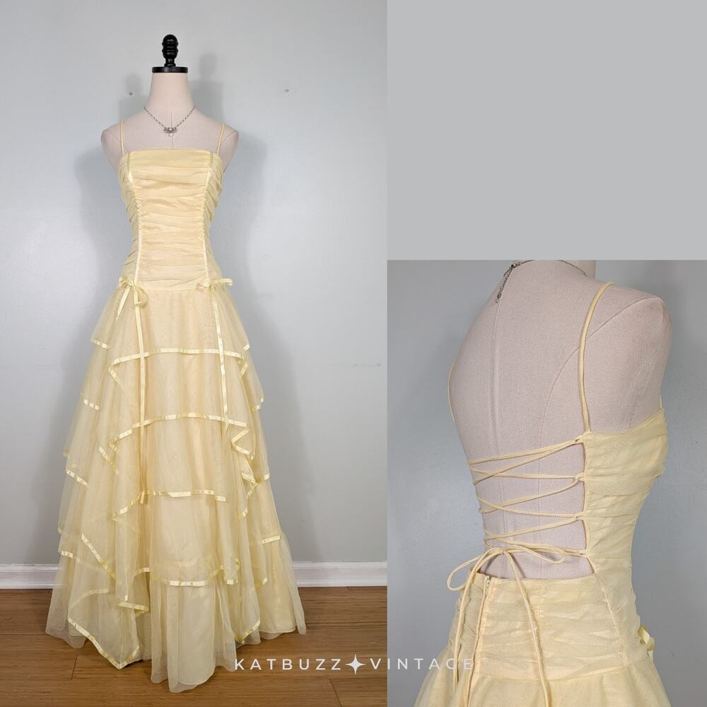 Vintage Prom Dress Maxi Gown 6 Yellow Fairy Princess Corset Ruffle Coquette Bow
